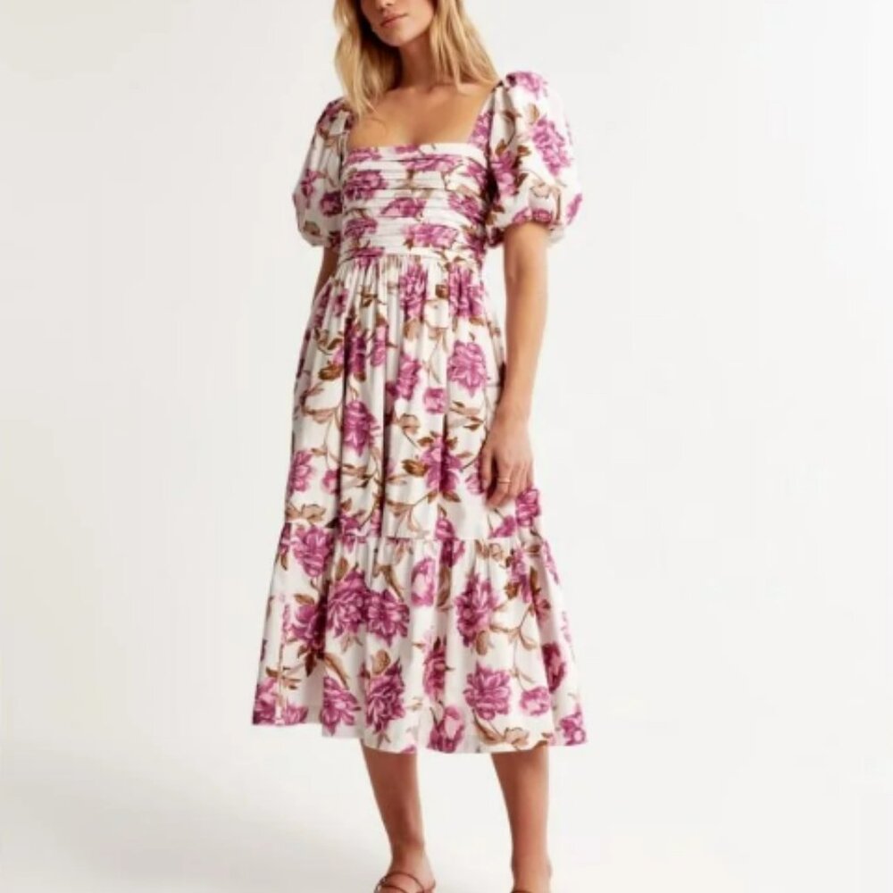 Abercrombie - Emerson Poplin Puff Sleeve Midi Dress  Purple Floral Medium Tall